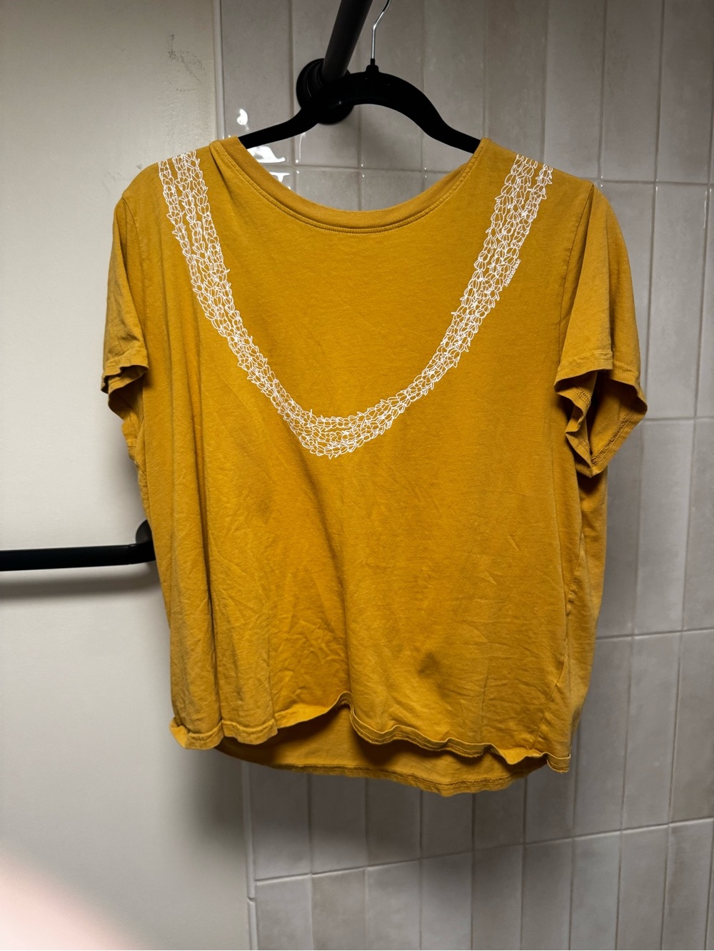 Short-Sleeve Mustard Tee with White Lace Trim
